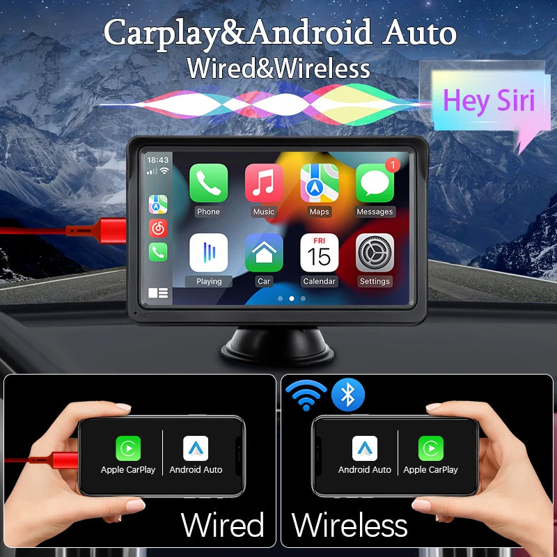 7Inch Car Radio Multimedia Video Player Wireless Carplay and Wireless Android Auto Portable Universal Touch Screen